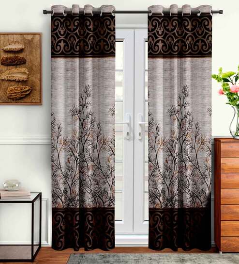 Brown Floral Polyester 9 Ft Semisheer Eyelet Door Curtains (Set of 2)