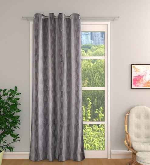 Grey Polyester Floral Light Filtering Eyelet 7 Feet Door Curtain