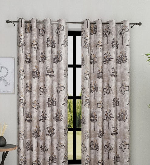 Grey Polyester Floral Light Filtering Eyelet 7 Feet Door Curtains (2 Pc)