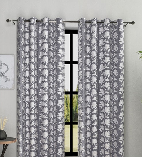 Grey Polyester Floral Light Filtering Eyelet 7 Feet Door Curtains (2 Pc)