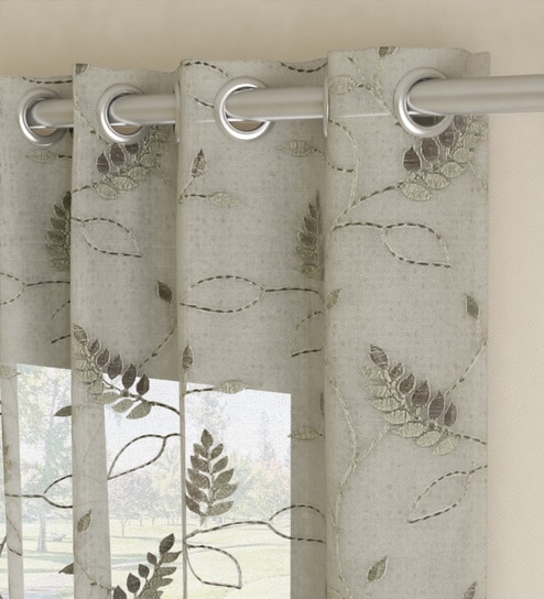 Grey Polyester Floral 7ft Sheer Eyelet 1 Pc Door Curtain by GM Fabrics