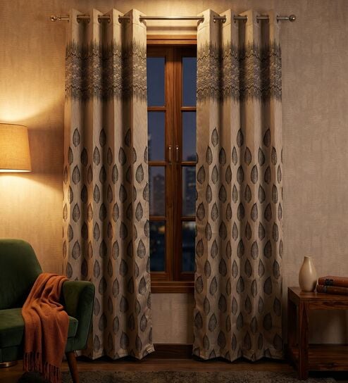 Grey Polyester Floral 9Ft Light Filtering Eyelet Long Door Curtain
