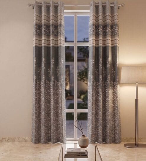 Grey Polyester Floral 9Ft Light Filtering Eyelet Long Door Curtain