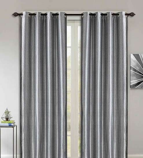 Grey Polyester Geometric 8 Ft Blackout Eyelet 2 Door Curtains By Deco Window