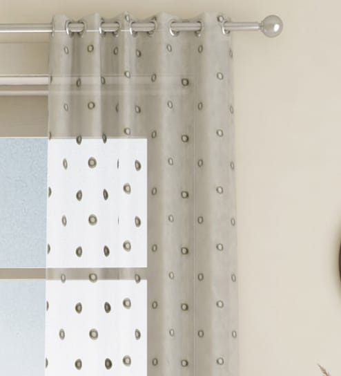 Grey Geometric Polyester 7 Ft Sheer Eyelet Door Curtain by GM Fabrics