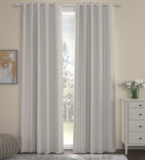 Grey Polyester Abstract 9ft Semisheer Eyelet (2 pc) Long Door Curtains by ROSARAHOME