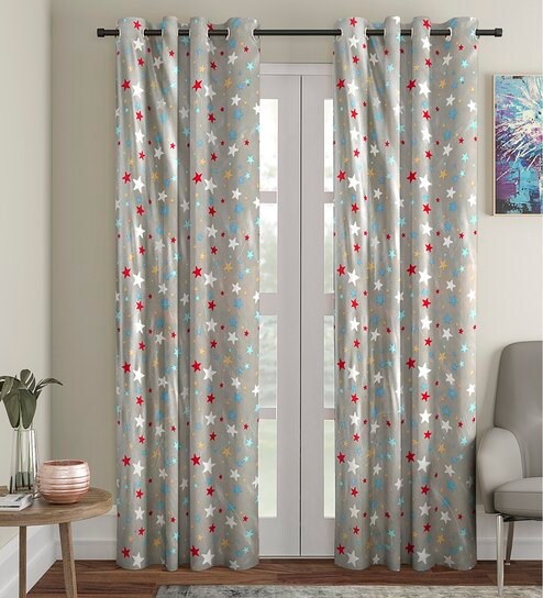 Buy Grey Polyester Glow In Dark Room Kids Curtain Set Of 2 By