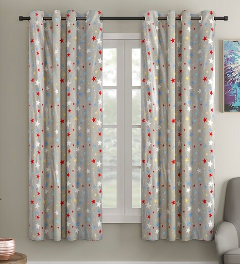Buy Grey Polyester Glow In Dark Room Kids Curtain Set Of 2 By