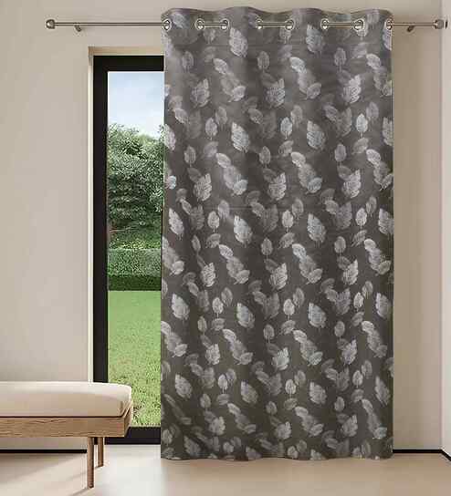 Grey Polyester Leaf 7ft Regular Eyelets Door Curtain (1 Pc)