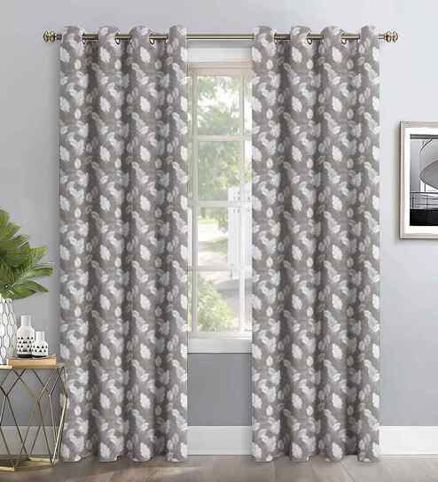 Grey Polyester Leaf 7ft Regular Eyelets Door Curtain (2 Pc)