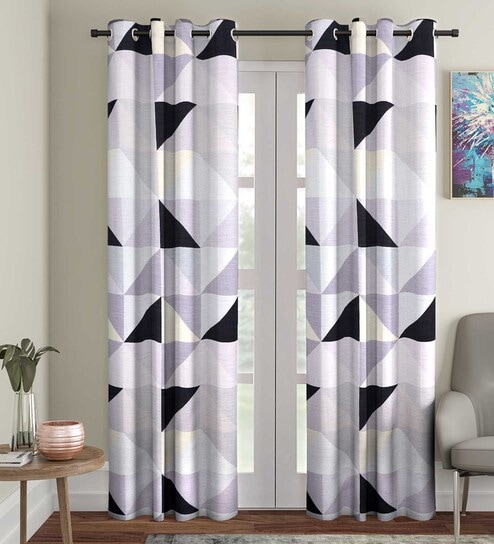 Grey Geometric Polyester 7 Ft Semisheer Eyelet Door Curtains (Set of 2)