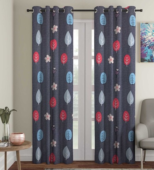 Grey Floral Polyester 7 Ft Semisheer Eyelet Door Curtains (Set of 2)