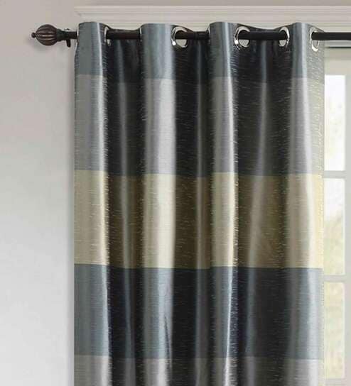 Grey Polyester Striped 8 Ft Blackout Eyelet 2 Curtains by Deco Window
