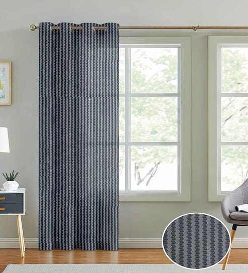 Grey Polyester Striped 7ft Sheer Eyelet Door Curtain (1Pc)