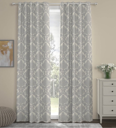 Grey Polyester Traditional 7ft Semisheer Eyelet (2 Pc) Door Curtains by ROSARAHOME