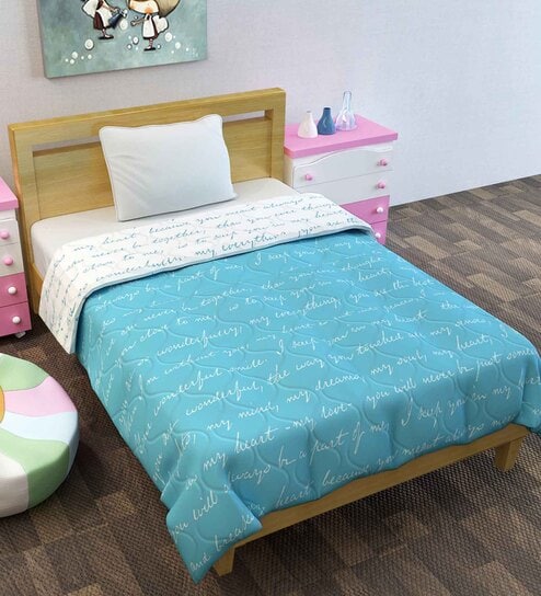 Blue and White Polyester Typography 120 GSM Single Bed Kids Comforters