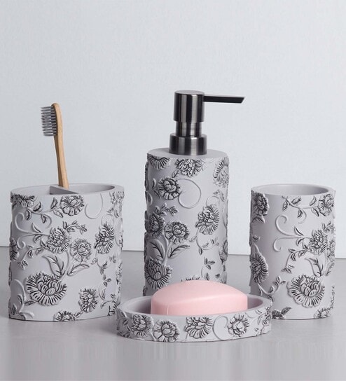 Grey Polyresin Stain Resistant 4Pcs  Bath Set
