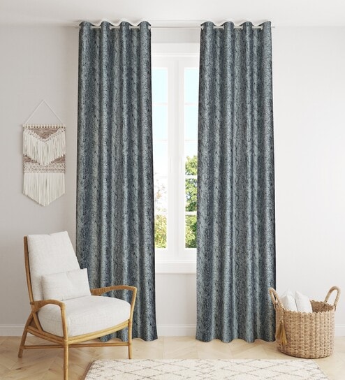 Grey Poleyster Camrin Leaves 7 Feet Semi Transperency Ring Top Door Curtains 2Pcs