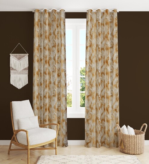 Gold Poleyster Camrin Leaves 7 Feet Semi Transperency Ring Top Door Curtains 2Pcs