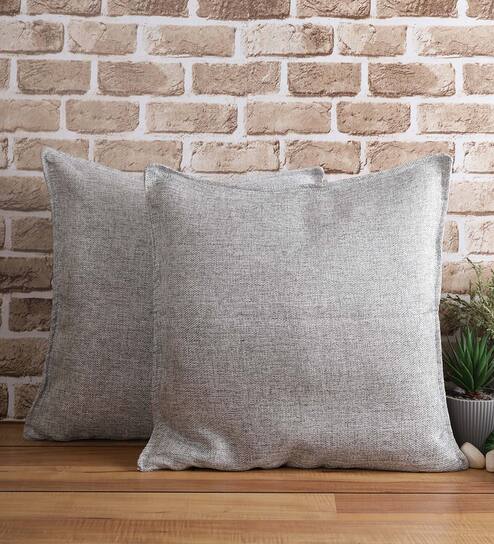 Grey Solid Jute 18 x 18 Inches Cushion Covers (Set of 2)