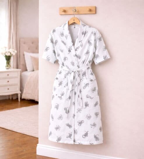 Grey Printed Cotton Women Bath Robe With Belt (L)