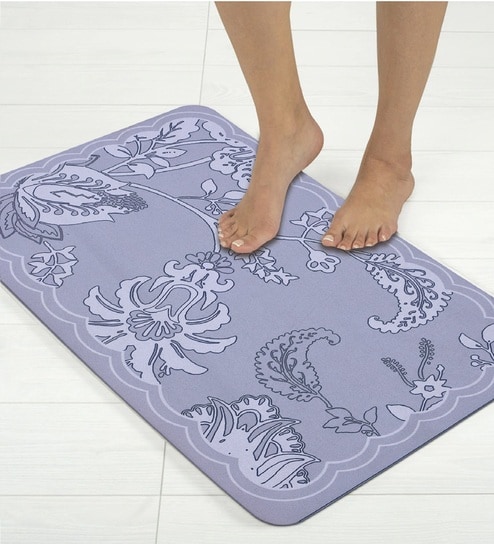 Grey Floral Printed Rubber 22x14 Inches Anti Skid Bath Mat