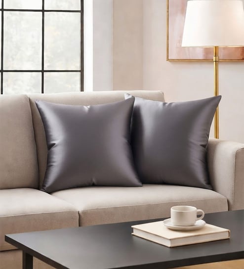 Grey Satin Solid 40x40 inches Cushion Covers Set of 2