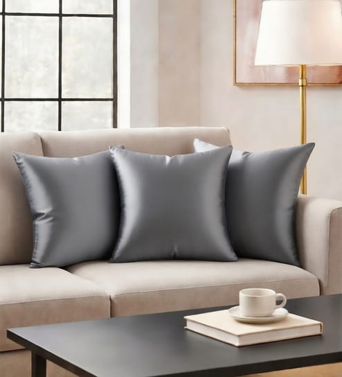 Grey Satin Solid 40x40 inches Cushion Covers Set of 3