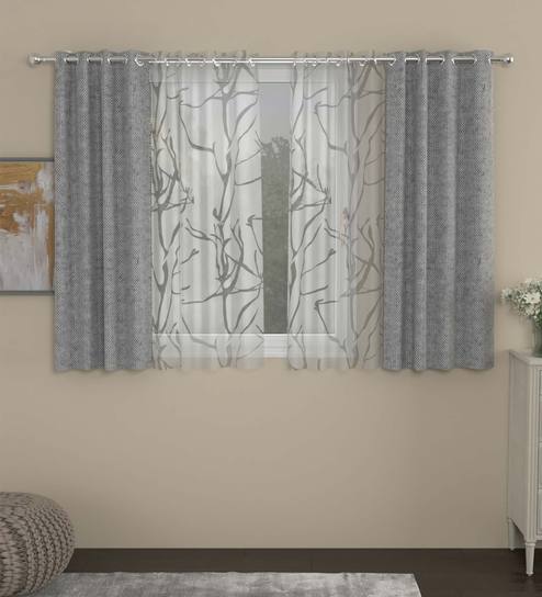 Grey Solid Poly Cotton 5 Ft Semisheer Eyelet Window Curtains (Set of 4)