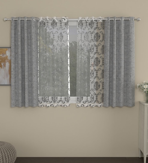 Grey Semisheer Polycotton 5 Feet Eyelet Set of 4 Curtains