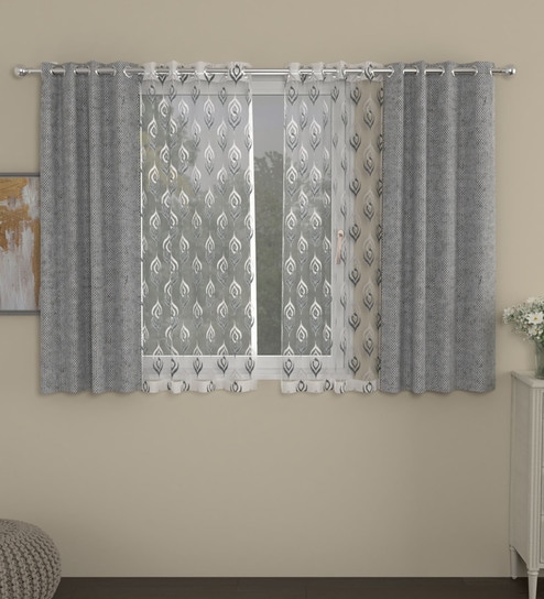 Grey Polycotton Traditional 5ft Semisheer Eyelet 4 Pcs Window Curtains