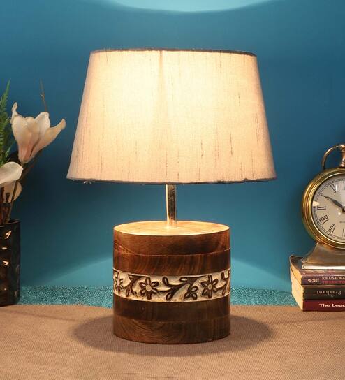 Midwest Grey Fabric Shade Table Lamp With Mango wood Base by Foziq