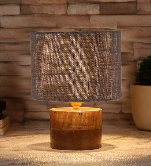 Grey Shade Table Lamp With Wood Base By New Era