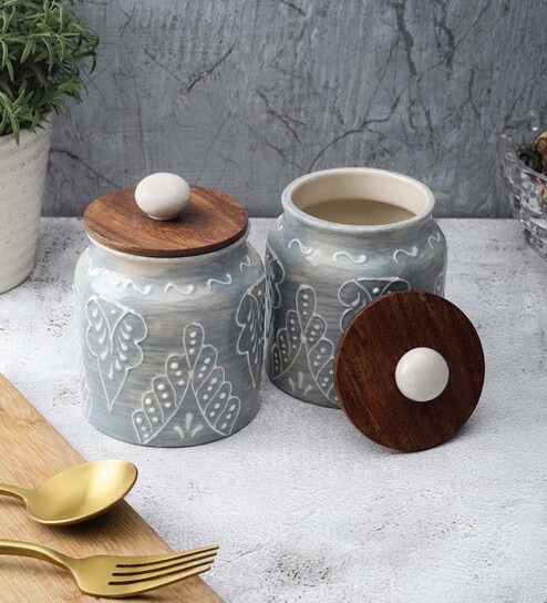 Grey Shaded 500ml (Set of 2) Ceramic Storage Jar by Vareesha