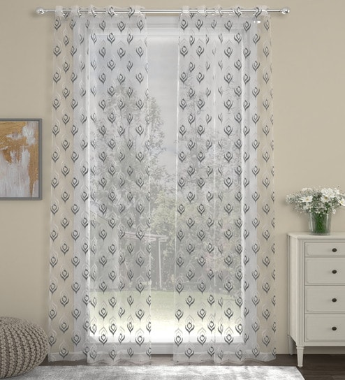 Grey Traditional Polyester 7 Ft Sheer Eyelet Door Curtains (Set of 2) by ROSARAHOME
