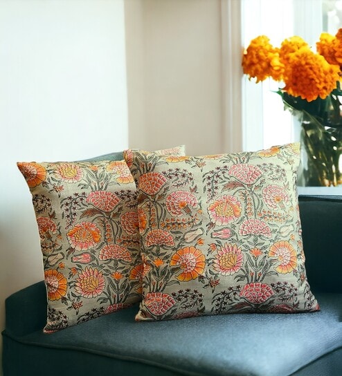 Grey Silk blend Chanderi Textured Floral 16x16 inches Cushion Covers (Set of 2)