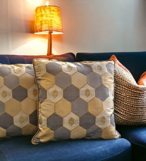 Grey Silk blend Honeycomb Brocade 16x16 inches Cushion Covers (Set of 2)