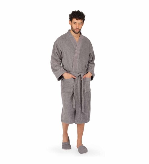 Grey Solid 100% Cotton Unisex Bathrobe With Slippers (XL)