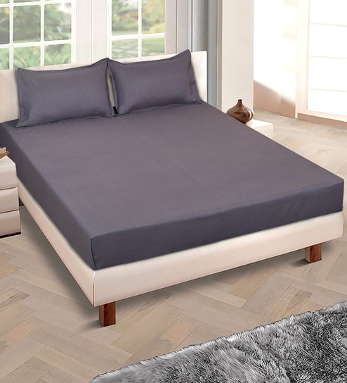 romee Grey Solid 150 TC Glace Cotton Queen Sized Double Bedsheet with 2 Pillow Covers-picture-31