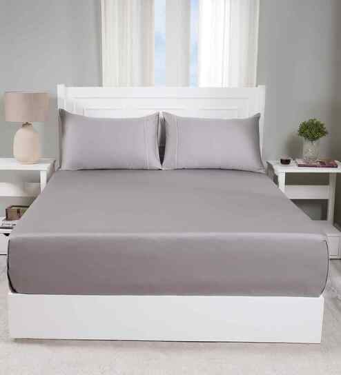 Grey Solid 300 TC Cotton Double Bed Sheet with 2 Pillow Covers 24 Collection