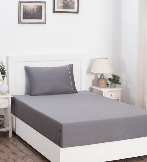 Grey Solid 300 TC Cotton Single Bed Sized Bed Sheets With 1 Pillow Cover