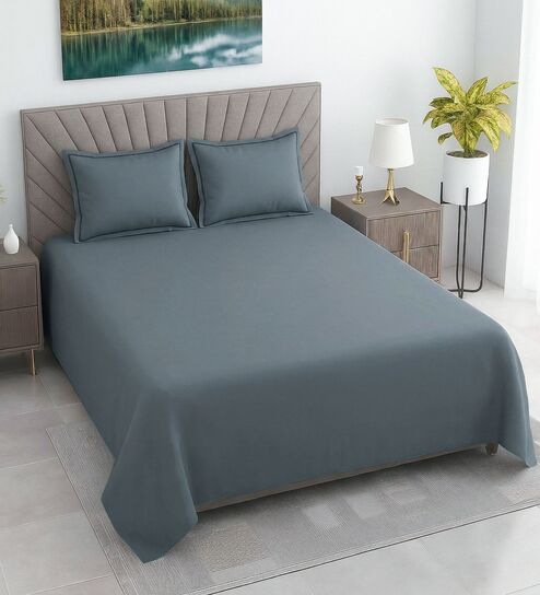 Grey Solid 400 TC Cotton Satin Superking Size Bedsheet With 2 Pillow Covers