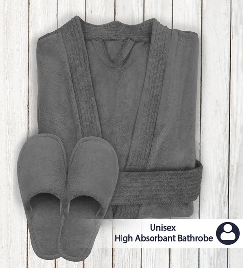 Grey Solid Caldezonia Microfiber Women Bath Robe With Slippers