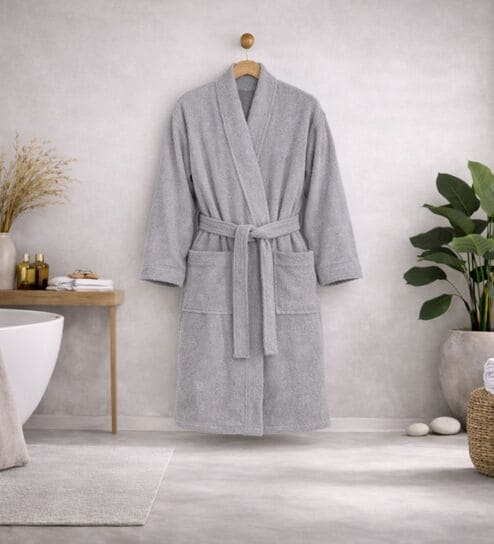 Grey Solid Cotton Men Bath Robe With Belt (M)