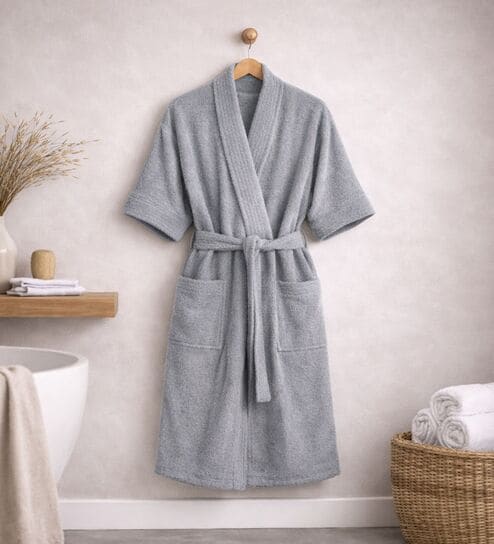 Grey Solid Cotton Women Bath Robe With Belt (XL)