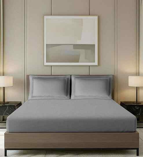 Grey Solid Grey With Geometric Embroidery 700 TC Cotton King Double Bedsheet With 2 Pillow Covers