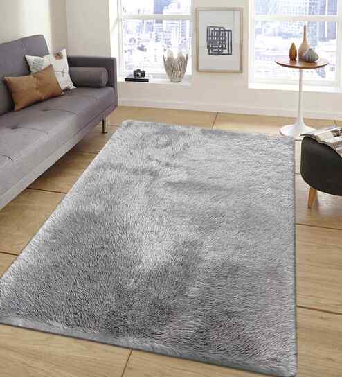 Grey Solid Polyester 4x6 Feet Machine Made Carpet