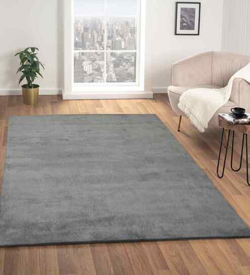 Grey Solid Polyester 5x8 Feet Machine Made Carpet