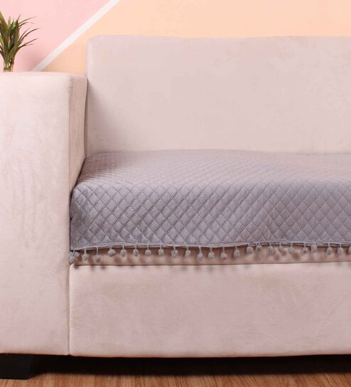 Grey Solid Velvet 1 Seater Quilted Sofa Cover (Protector) with Pompom