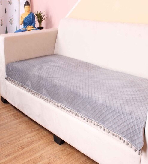 Grey Solid Velvet 2 Seater Quilted Sofa Cover (Protector) with Pompom